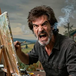 insanely angry bob ross screaming at his painting mistake. smoke coming from ears.