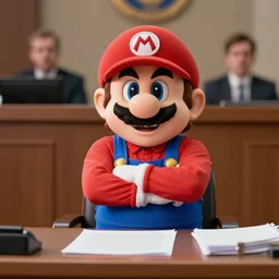 film still of real life super mario with his arms crossed sitting at a desk testifying in court in the new sci - fi movie
