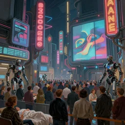futuristic neon signs in a scene of ( ( ( millions of people wake up ) ) ), ( ( robot cyborgs ) ), futuristic oil painting by rembrandt and jeff koonz, ( ( led panel screens and projections ) ), intricate details, ( ultra realistic ), dynamic lighting, ( octane render ), ( ( ( vertical led strip lighting ) ) )