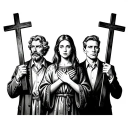 godless politicians holding crosses, black & white, intricate detalils, stencil art by shag, tom whalen, artgerm, clean bold lines