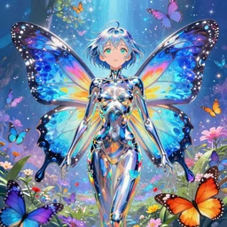 ultra detailed illustration of a butterfly anime girl covered in liquid chrome, lost in a dreamy fairy landscape,  by ,Karol Bak, Ruan Jia, Moebius, hiroshi yoshida, Druillet colorfull, vivid colors, 8k, anime vibes, octane render, uplifting, magical composition, artstation