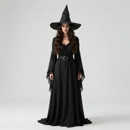 mysterious witch with pointed hat, studio photography, full body, standing, isolated on a pure white background, centered, whole figure in frame, sharp focus, studio lighting