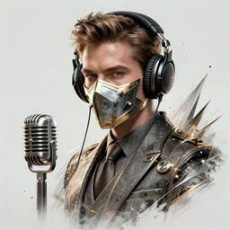 character portrait concept design guy denning, tim doyle handsome figure headphones antique microphone broadcast radio face mask heroic!! sharp edges. elegant, dynamic angle, intricate highly detailed complexity, epic composition, symmetry, cinematic lighting masterpiece