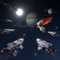 a marvelous fantastic fleet of futuristic ships in the midnight sky in a solar eclipse, with Saturn and Jupiter in the backround while rabbit with dragon wing fly with anticipation by Stanley Artgerm Lau, WLOP, Rossdraws, ArtStation, CGSociety, concept art, cgsociety, octane render, trending on artstation, artstationHD, artstationHQ, unreal engine, 4k, 8k,