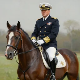 a beautiful lifelike painting of jim cornette riding a horse while wearing an admiral's uniform