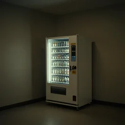 noisy color photograph of a break room, a lone vending machine sits in the corner of the room, dark corners, minimalist, cinematic, soft vintage glow