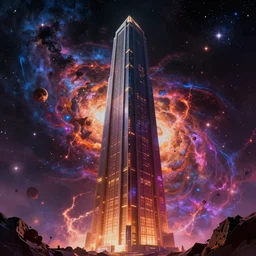 single majestic upright rectangular tower, highly detailed cosmic background, a dash of radioactive magic, vibrant color palette, trending on artstation, digital art, by david normal