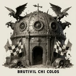 [Brutalist bunker adorned with gargoyles and checkered flags. Propaganda poster!, intricate, elegant, highly detailed, digital painting, artstation, concept art, matte, sharp focus, illustration]