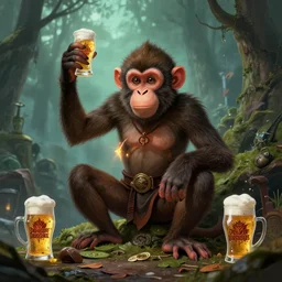 “a monkey playing dungeons and dragons surrounded by beer”