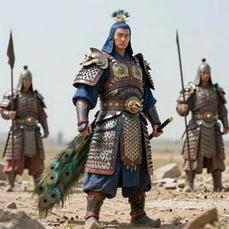 A powerful warlord wearing a peacock armor, war, abandoned, fallen warriors, last man standing, ultra realistic and intricate detailed photograph, innovation, bright modern style, artstation, unreal render, depth of field, ambient lighting, award winning, stunning