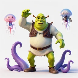 Shrek doing a Fortnite dance , tentacles, unnatural shapes, jellyfish, insect, octane render, 3d digital art by beeple, unreal engine 5, award winning