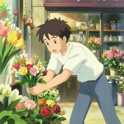 anime visual of a man buying flowers in a flower shop, cute face by ilya kuvshinov, makoto shinkai, kyoani, masakazu katsura, dynamic pose, crisp and sharp, yoshinari yoh, rounded eyes, anime poster, cel shaded