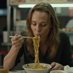 A close-up, color outdoor film still of a Alicia Amanda Vikander Eating noodles at a Asian food stall, ambient lighting at night, from Matrix(1999).