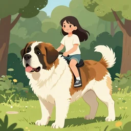 girl riding a giant saint Bernard in the park, trending on artstation