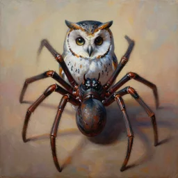 painting of hybrid between spider!!!!!!!!!!!! & owl, intercrossed animal, mixture animal, by zdzislaw beksinski, by tiffany bozic, cold hue's, warm tone gradient background, concept art, beautiful composition, digital painting