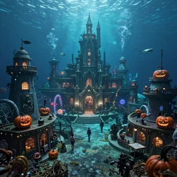 a horror based underwater suburb based on an amusement park during halloween that takes place incredibly deep underwater and is built on the idea of the lost city of atlantis, halloween decorations, underwater city, amusement park, spooky, amusement park attractions, deep sea, horror themed, fun, in the simpler style of harper groff