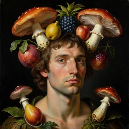 a close - up portrait of a futuristic tropical man with colorful airborne fruit and mushrooms. studio lighting. black background. highly detailed science - fiction painting by norman rockwell, moebius, frank frazetta, syd mead, and giuseppe arcimboldo. rich colors, high contrast. renaissance masterpiece. artstation