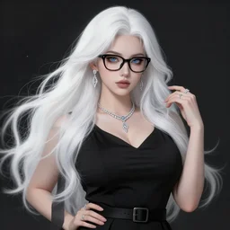 beautiful curvy female, long white hair, black dress with belt around waist, black frame glasses, silver shining necklace earrings and rings, elegant, dark background, depth of field, particles, artstation, art by wlop, guweiz, artgerm, digital painting, highly detailed, perfect face, smooth, sharp focus, blue eyes