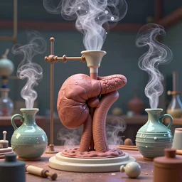 an alchemical laboratory made from ceramic alembics distilling voices, vapour, air flow, clay, no humans, alchemical drawing, steam, larynx, oesophagus texture, 8 k, unreal, high resolution, vivid colours, 3 d render