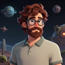 cell shaded, husky, nerdy man character portrait, on an alien planet, wearing polo shirt, earth tones, dark auburn wavy hair, full beard, glasses without frames, freckles, illustrated by don bluth, highly detailed, dynamic shadows, 4 k, wallpaper - 1 0 2 4