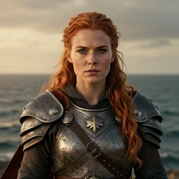 portrait of a beautiful norse female warrior, sea, auburn hair, heavy norse armor, realistic, cinematic, octane render, rossdraws, tom bagshaw, ross tran, charlie bowater, ruan jia, greg rutkowski, 1 6 k, warm, character illustration, headroom