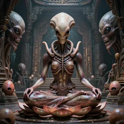 glistening elegant xenomorph alien meditating lotus position surrounded by creepy slimyalien face - hugger eggs, inside an alien temple shrine. by h. r. giger. beautifully detailed render, extremely hyper detailed, intricate, epic composition, cinematic lighting, masterpiece, trending on artstation, very very detailed, stunning, hdr, smooth, sharp focus, high resolution, award, winning photo, dslr, 5 0 mm