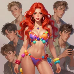 beautiful digital art pinup portrait of a fantasy woman with colorful and bubbly attire and red hair, by zumi draws, aleriia _ v ( lerapi ), warren louw, jongwoo lee, treding on artstation, anatomically correct, popular masterpiece, detailed, photoshop, clip studio paint, smooth shading.