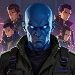 centered head shot portrait of an angry soldier with glowing blue eyes, a bald head and blue skin, rogue trooper, cyberpunk dark fantasy art, gta 5 cover, official fanart behance hd artstation by jesper ejsing, by rhads, makoto shinkai and lois van baarle, ilya kuvshinov, ossdraws