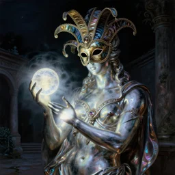 a neoclassicist sci - fi portrait of a chrome marble sculpture wearing a venetian carnival mask holding a dimly glowing orb in a dark moonlit courtyard at night. iridescent textures. glowing fog, black background. highly detailed fantasy science fiction painting by moebius, norman rockwell, frank frazetta, and syd mead. rich colors, high contrast, gloomy atmosphere, dark background. artstation