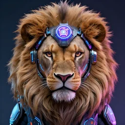 symmetry!! portrait of cute cyberpunk lion with futuristic headpiece, cronobreaker, game icon, by wlop, mucha, loish, frank frazetta, fantasy, neon lights, sharp focus, matte, highly detailed, concept art, volumetric light, intricate, elegant, highly detailed ray