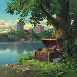 new york city with a lake, beautiful ancient trees, hiding large treasure chest, serene evening atmosphere, soft lens, soft light, cel - shading, animation, in the style of cgsociety, deviantart, artstation, zbrush, cinema 4 d, studio ghibli, akihiko yoshida, atelier lulua, masamune shirow