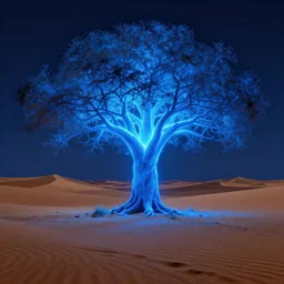 the world tree glowing blue in a large desert at night, highly detailed, digital painting, artstation, concept art, smooth, sharp focus, illustration, art by artgerm and greg rutkowski and alphonse mucha