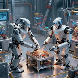 a sci-fi robot building factory