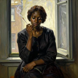 a heveanly and depressive renaissance painting of a sad black woman smoking at the window in the style. of norman rockwell, trending on artstation.