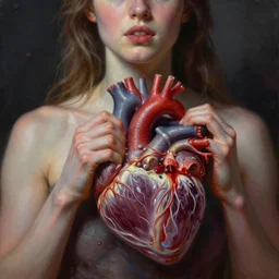 hyper - detailed painting of a woman ripping out her heart!