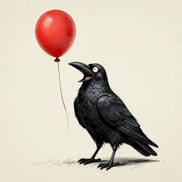 surrealism grunge cartoon sketch of a raven with a wide smile and a red balloon by - michael karcz, loony toons style, horror theme, detailed, elegant, intricate