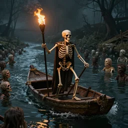 the ferryman ( skeleton ) steering a raft on the river styx, errie setting, water full of souls, dark background, torch on a pole burning to light to the way from the boat, high quality, artstation, artgem, 8 k,