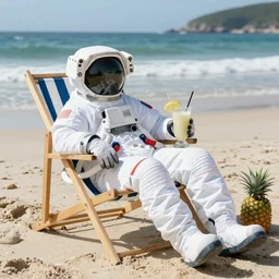 astronaut in a space suit lounging on a beach chair at the beach having pina colada