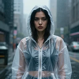 a realistic portrait of a beautiful woman wearing a plastic hoodie in a dystopian city, raining by syd mead