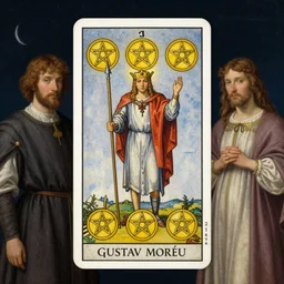 a painting of nine of pentacles tarot card by gustav moreau and jean delville