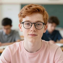 male teen with ginger hair, freckles, wearing glasses in a classroom, close up portrait, pink shirt