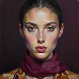 dreamy detailed portrait in femininity, realistic face sculpted features, ethnic, exotic, deep clear eyes, statuesque, gazelle - like, flight suit and scarf, cinematic lighting, chiaroscuro, radiant, smooth skin tones, reflections, berry color palette, angular impressionism, contemporary modern, deep rich hues, oil on canvas