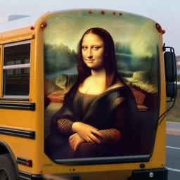 matte painting of mona lisa driving a school bus during dawn