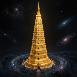 an infinitely tall golden tower from a secret dimension looms in the background surrounded by deep black magical water filled with countless galaxies