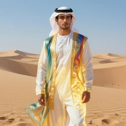 full figure beautiful young fit arabic man, dressed with multicolored fluent clothes, luminous scene, by greg rutkowski and alphonse mucha, d & d character, gradient white to gold, in front of a dune desert background, highly detailed portrait, digital painting, artstation, concept art, smooth, sharp focus illustration, artstation hq