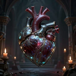 a darkmagic realistic mutated heart inside glass and metal framework with dark magic in the air, inside a medieval dungeon with candley, grimdark magic ritual, 8 k, realistic render, octane render, unreal engine, style by greg rutkowski, intricate details, cinematic lighting