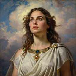 Head and shoulders masterpiece portrait oil painting of the beautiful goddess Gal Gadot as Ceres, she is wearing roman clothes and a surreal jewelry, her hair is natural disheveled, she is approaching heaven over the clouds, naturalism, dramatic lighting, high-detailed oil painting by Ilya Repin, Michelangelo da Caravaggio, William Blake, Alex Grey and Beksinski, trending on Artsation, hystorical painting, naturalism, masterpiece, 4k, 8k,