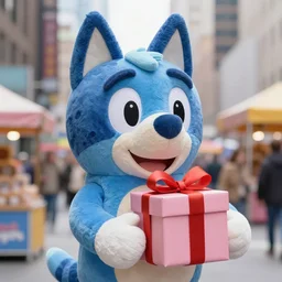 blue'snappy gifts'human - sized plush doll, in new york, holding gift, happy atmosphere, high detail, soft lighting, 8 k