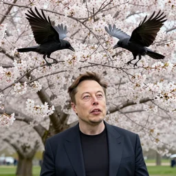 elon musk heads growing out of top of cherry tree as blossoms, crows interested in eating, trending on artstation, award - winning photograph, gregory rutkowski