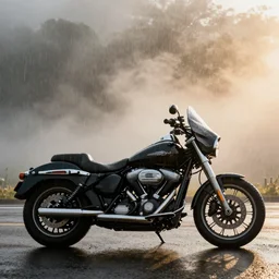 Harley Davidson , fog, rain, volumetric lighting, beautiful, golden hour, sharp focus, ultra detailed, cgsociety